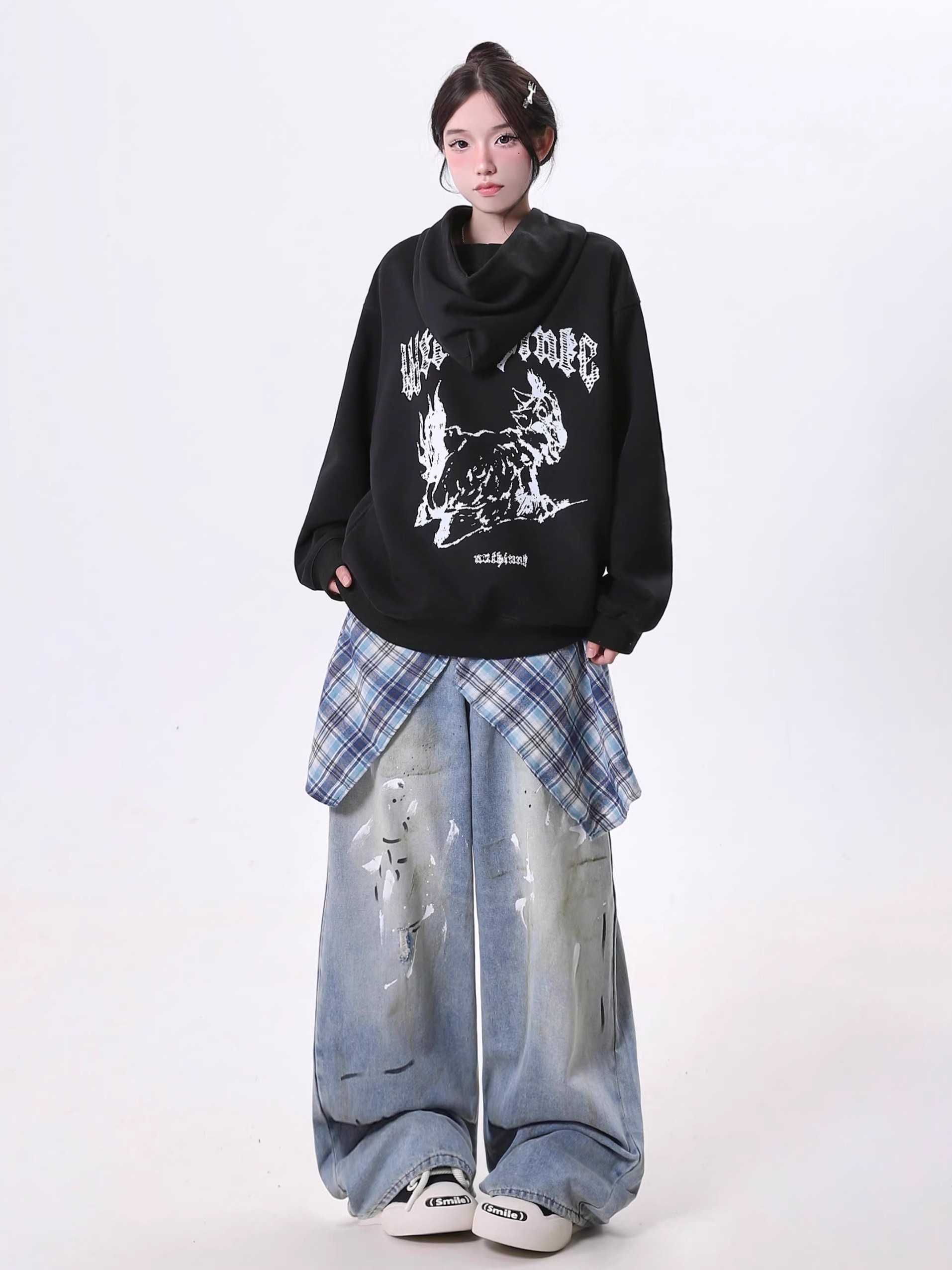 青ファッション チェック重ね風デニムワイドパンツ