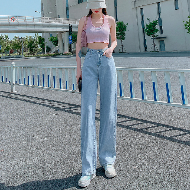 青ファッション 新作レディースゆったりハイウエストワイドデニムパンツ