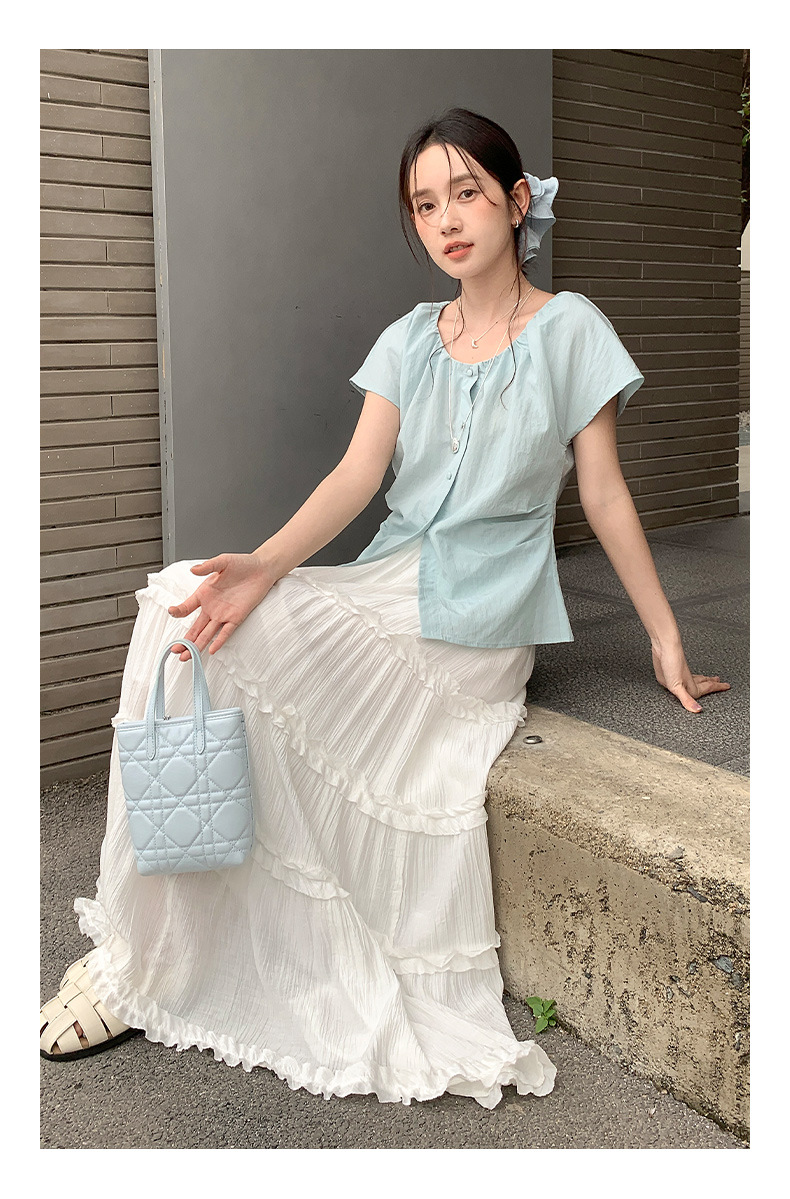 青ファッション ギャザーネック リネン風半袖シャツ
