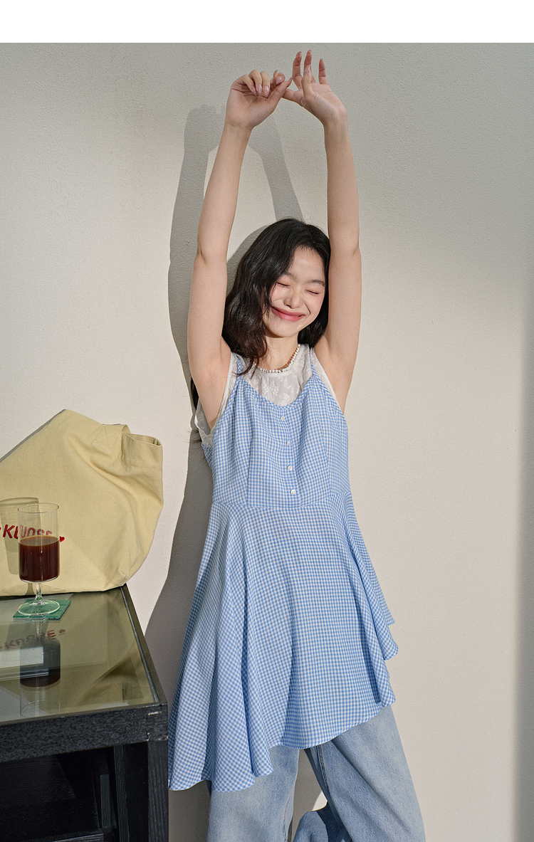 青ファッション 格子柄フレアブラウス