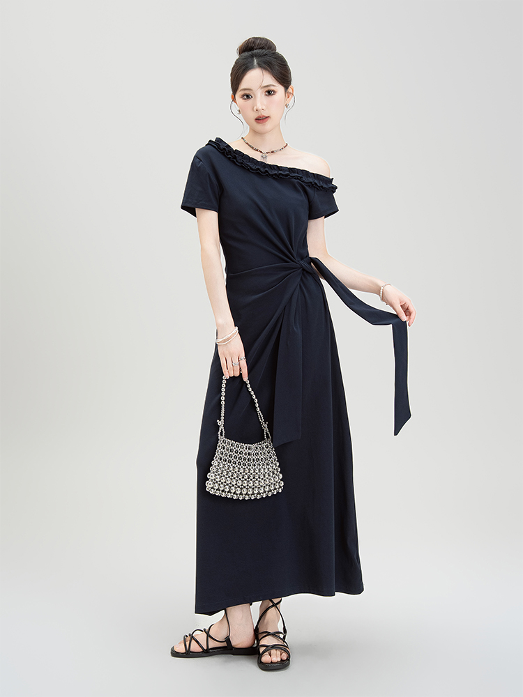 青ファッション リボン結びフリルロングスカート