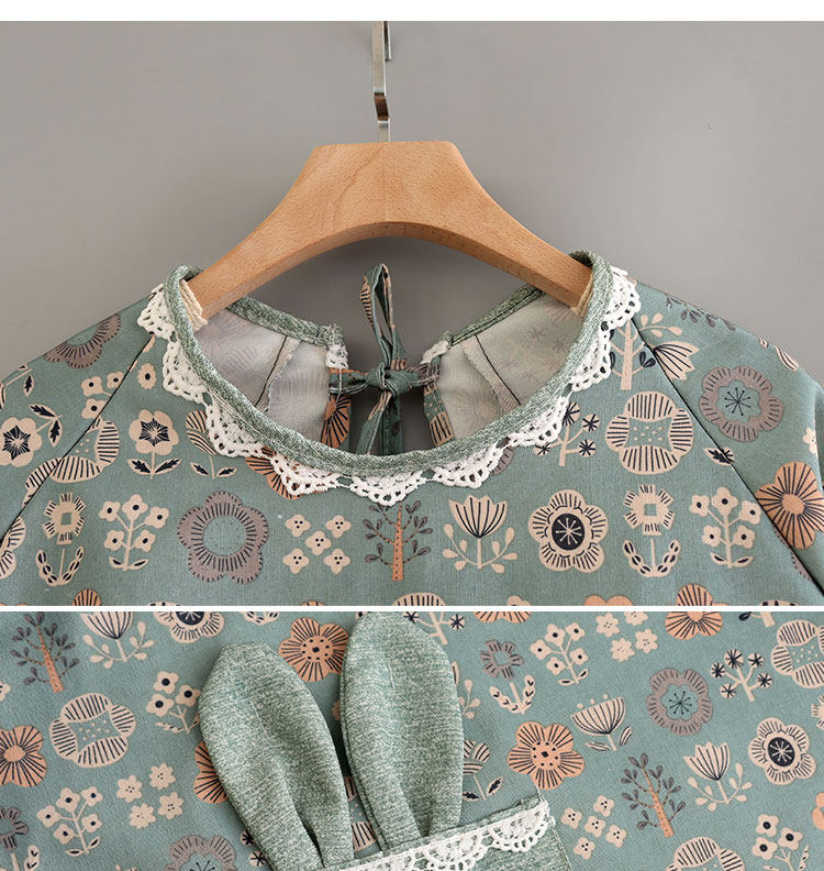 保育士 エプロン うさぎポケット付き花柄長袖エプロンセット