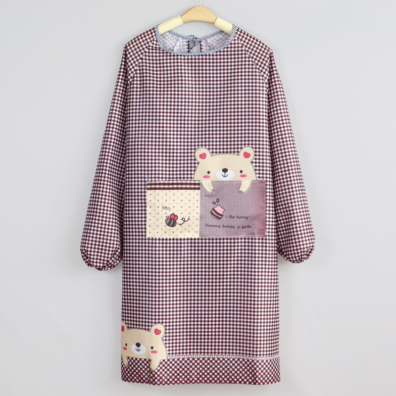 保育士 エプロン くまさんポケット付きギンガムチェック長袖スモック
