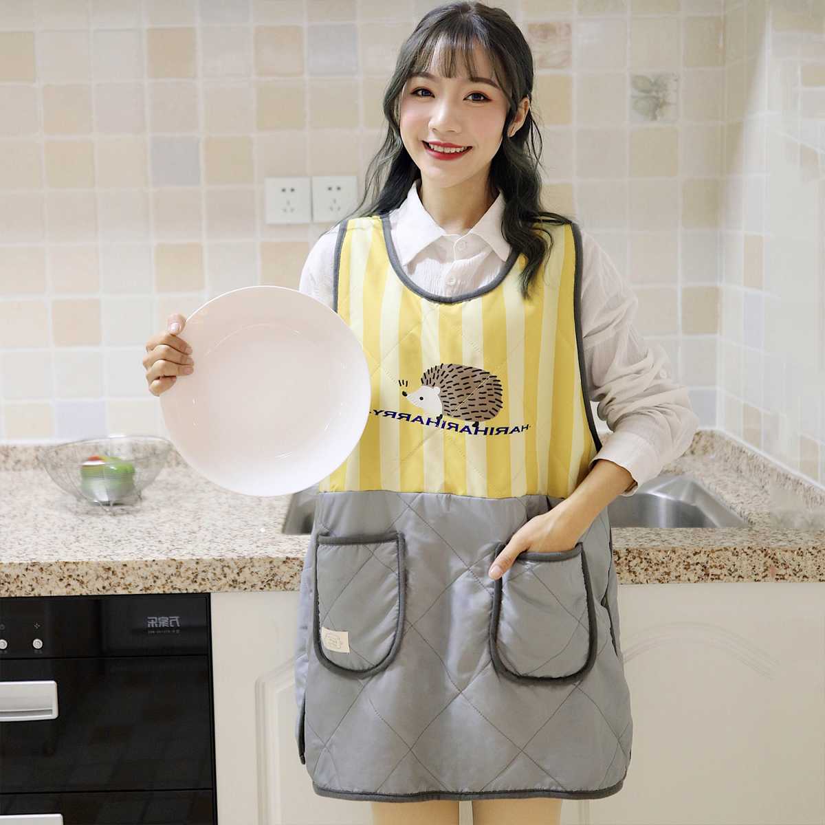 保育士 エプロン はりねずみ キルティング グレー イエロー ダークブルー