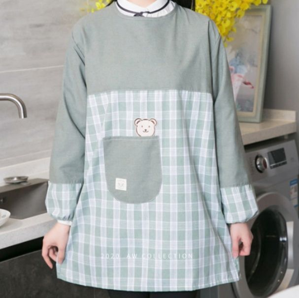 保育士 エプロン くま刺繍格子柄切替長袖スモック