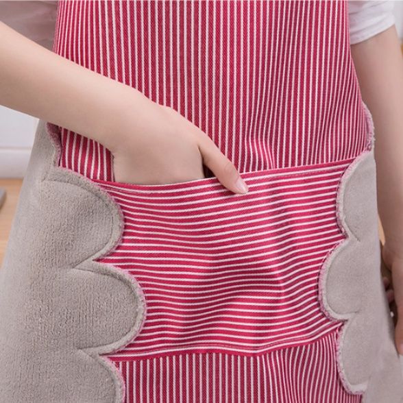 保育士 エプロン ナチュラル縦縞模様の三段ポケット付き保育士エプロン