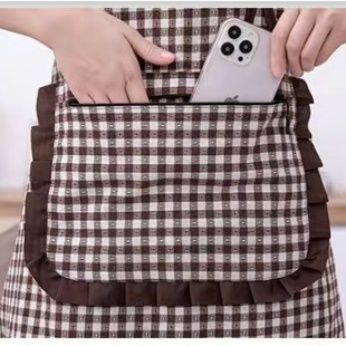 保育士 エプロン 格子柄刺繍入り大容量ポケット付きナチュラル保育士エプロン