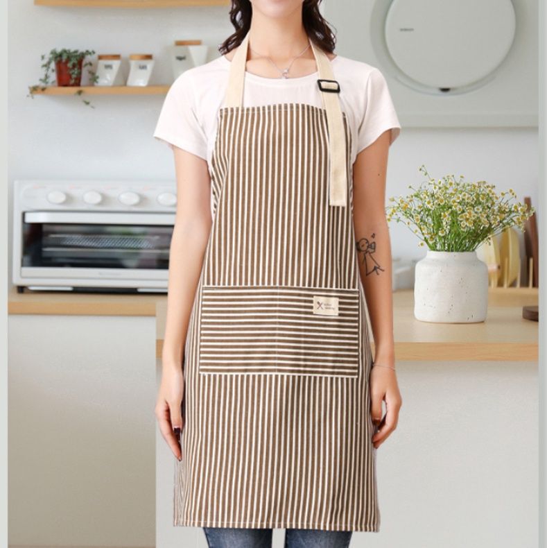 保育士 エプロン シンプル縦縞柄調節可能肩紐付き大容量ポケット保育士エプロン