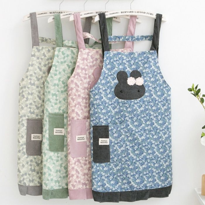 保育士エプロンかわいいうさぎのアップリケ付き花柄エプロン