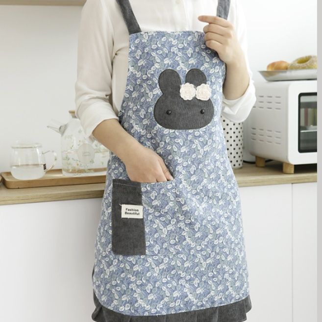 保育士エプロンかわいいうさぎのアップリケ付き花柄エプロン