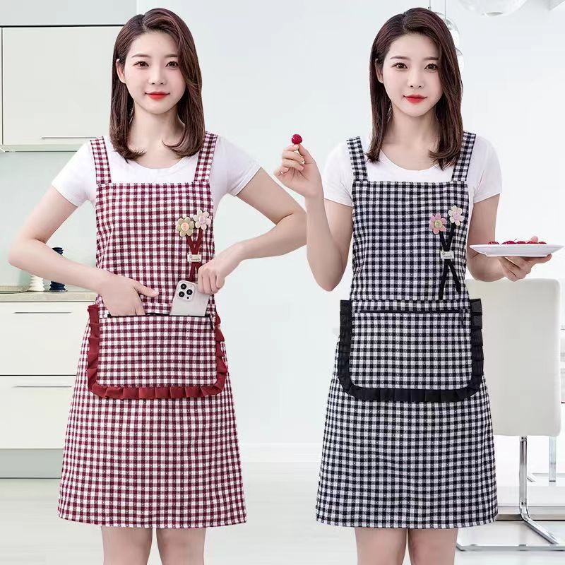 保育士 エプロン 格子柄刺繍入り大容量ポケット付きナチュラル保育士エプロン