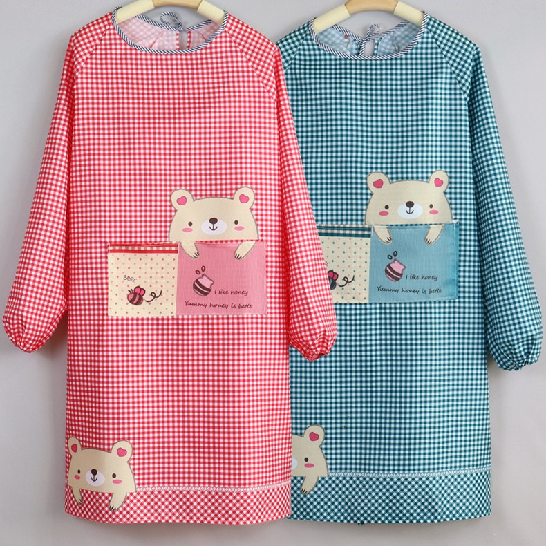 保育士 エプロン くまさんポケット付きギンガムチェック長袖スモック