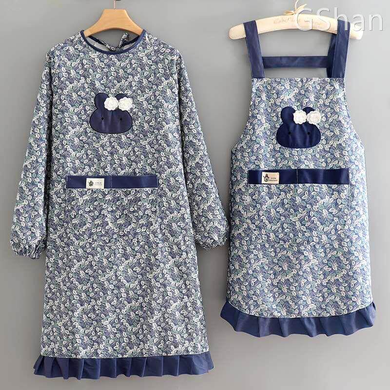 保育士 エプロン うさぎワンポイント花柄長袖エプロンセット