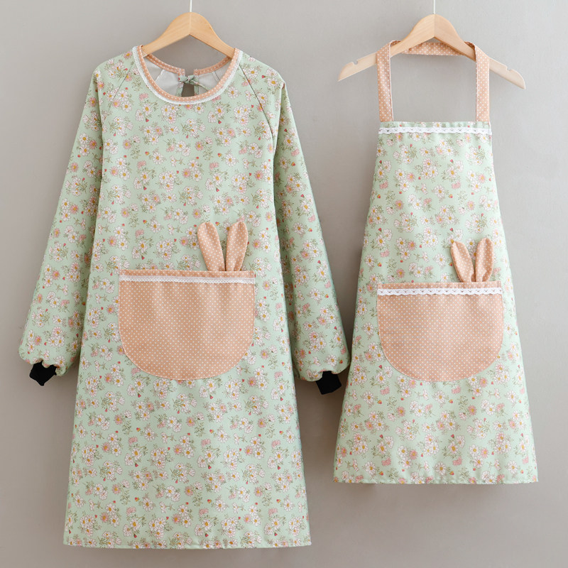 保育士 エプロン 小花柄うさぎポケット付き長袖エプロン