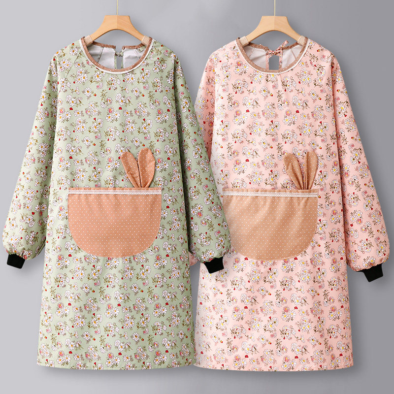 保育士 エプロン 小花柄うさぎポケット付き長袖エプロン