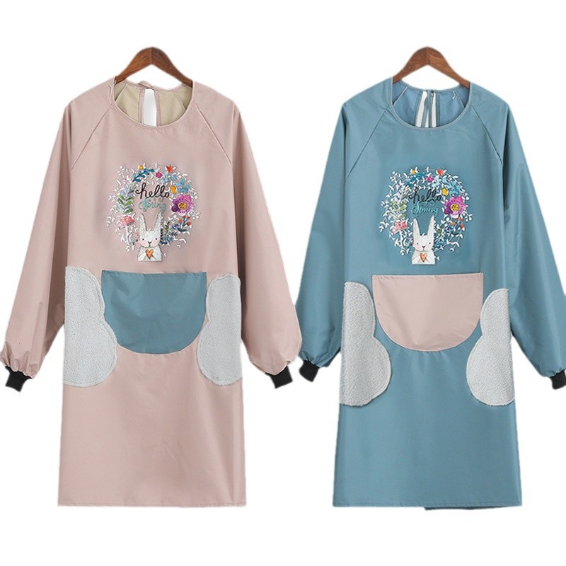 保育士エプロン うさぎ刺繍花リース柄長袖スモック保育士エプロン