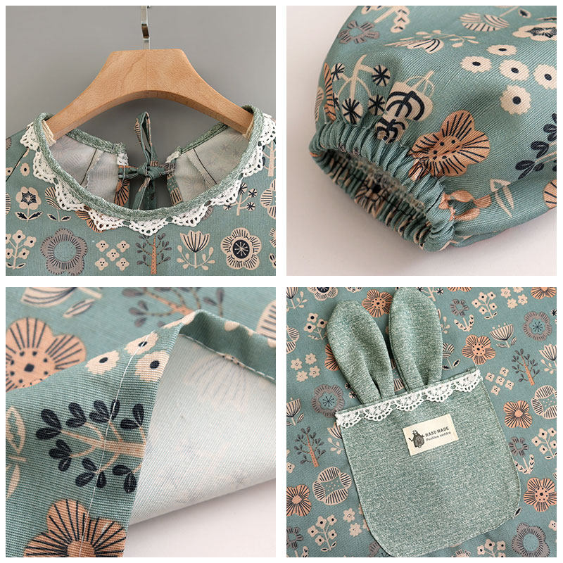 保育士 エプロン うさぎポケット付き花柄長袖エプロンセット