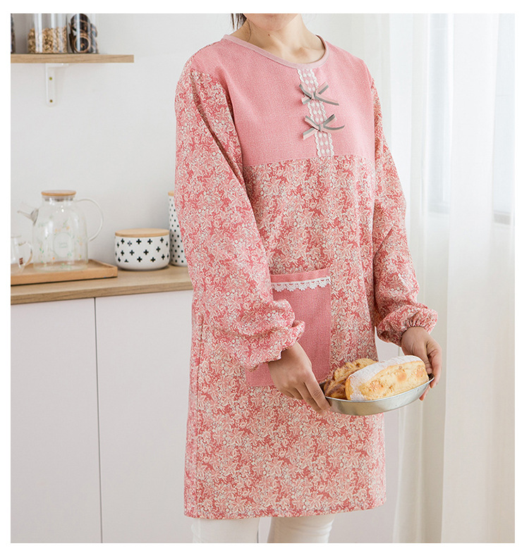 保育士 エプロン 北欧花柄長袖エプロン レース付きポケット