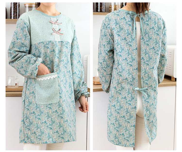 保育士 エプロン 北欧花柄長袖エプロン レース付きポケット