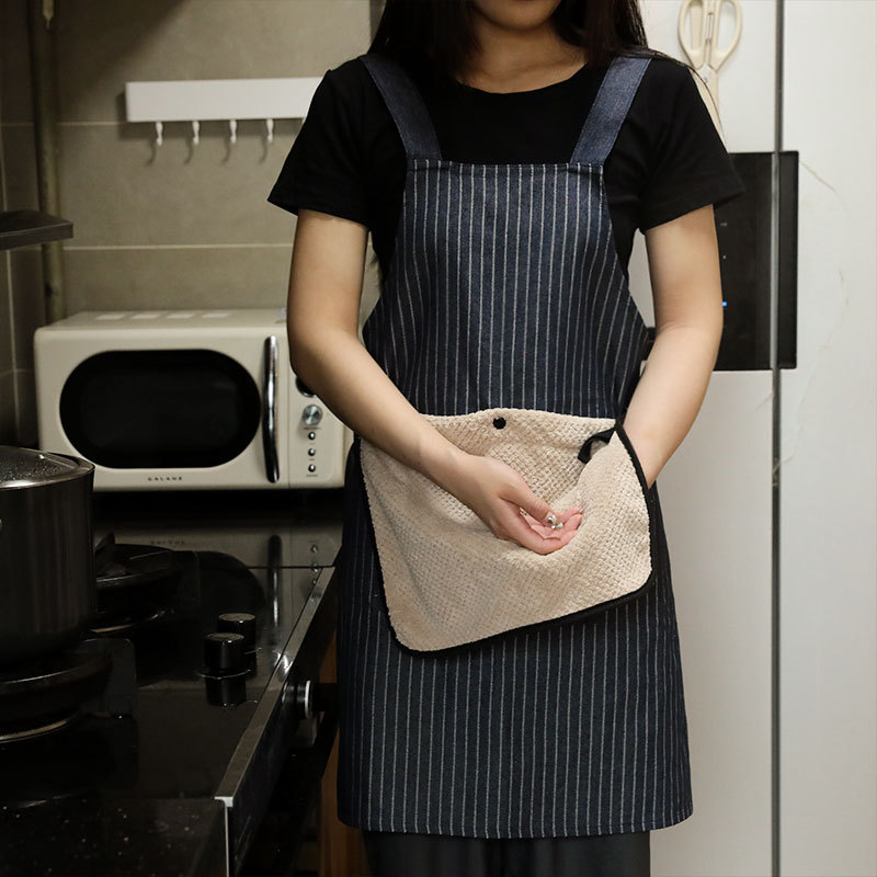 保育士 エプロン 縦縞模様の大容量ポケット付き肩紐型作業用エプロンナチュラル