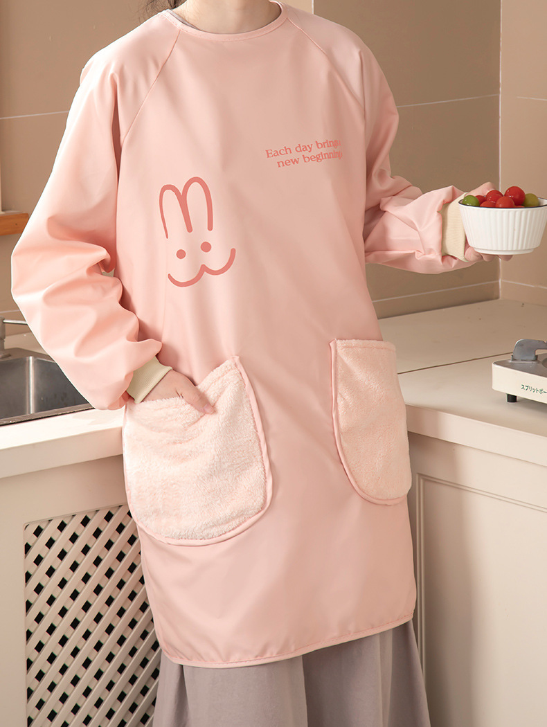 保育士 エプロン うさぎ刺繍入り防水防汚長袖スモック