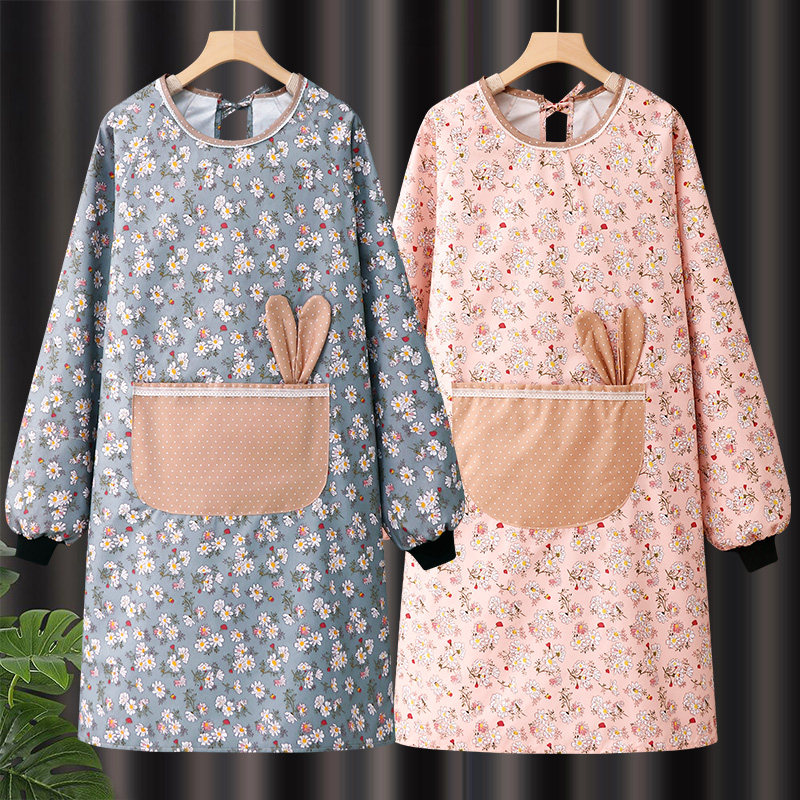 保育士 エプロン 小花柄うさぎポケット付き長袖エプロン