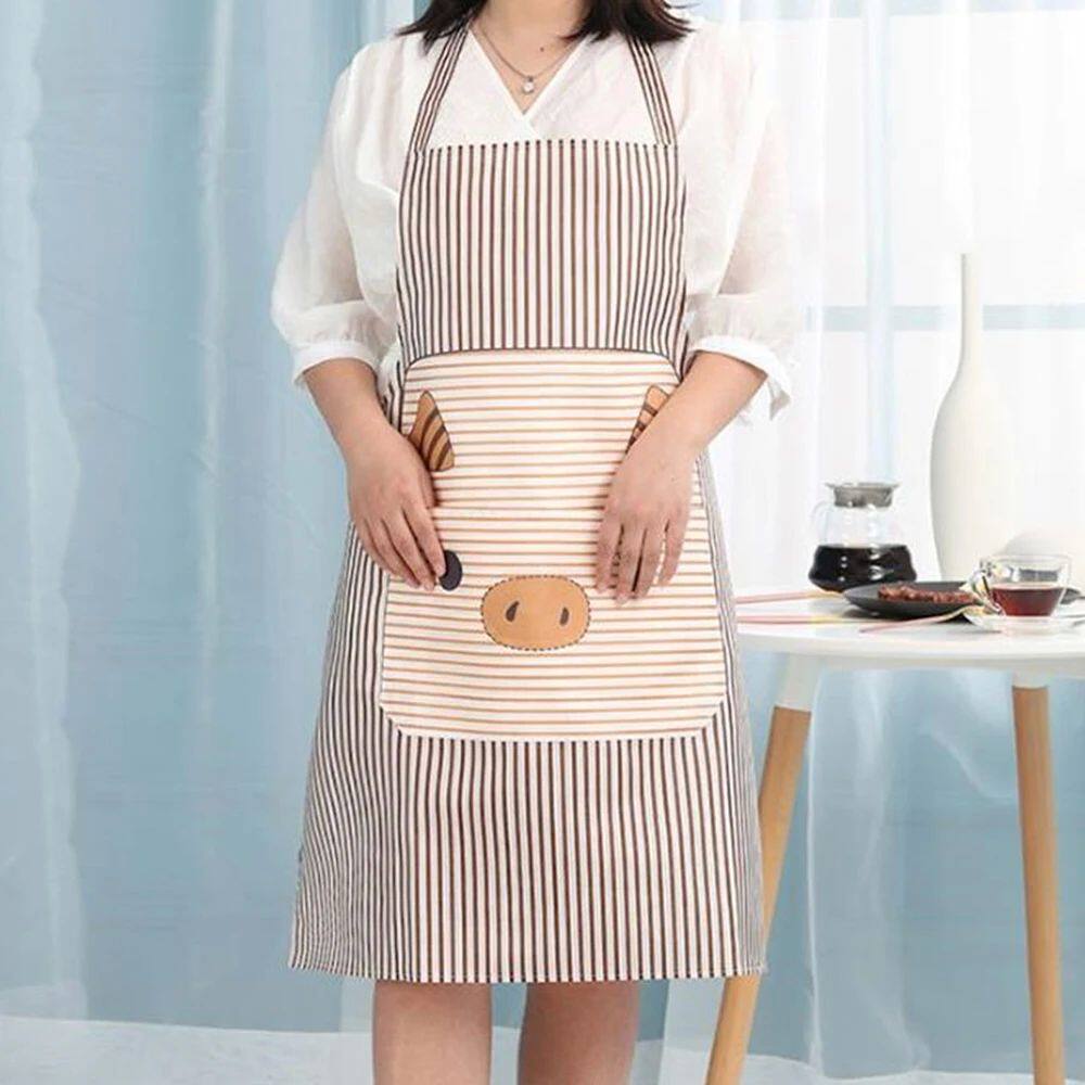 保育士 エプロン 可愛い子豚さんの顔つきストライプ柄エプロン