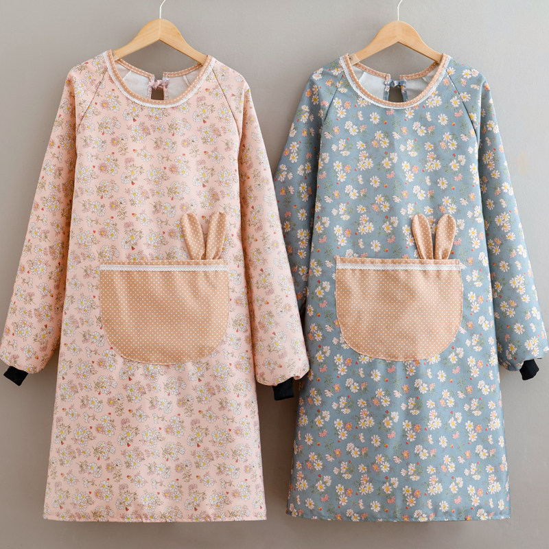 保育士 エプロン 小花柄うさぎポケット付き長袖エプロン