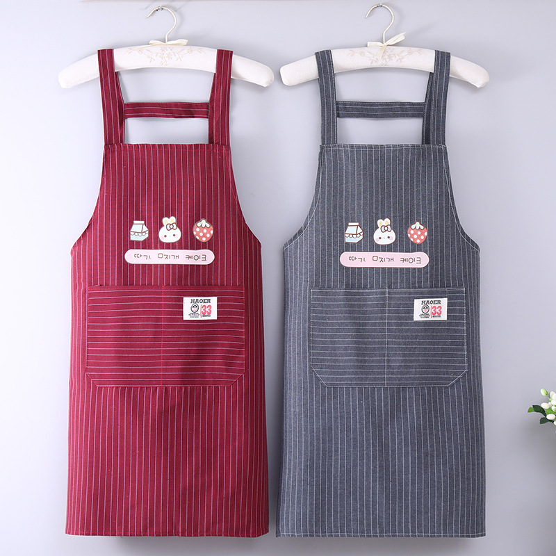 保育士 エプロン ストライプ柄いちごうさぎ刺繍エプロン