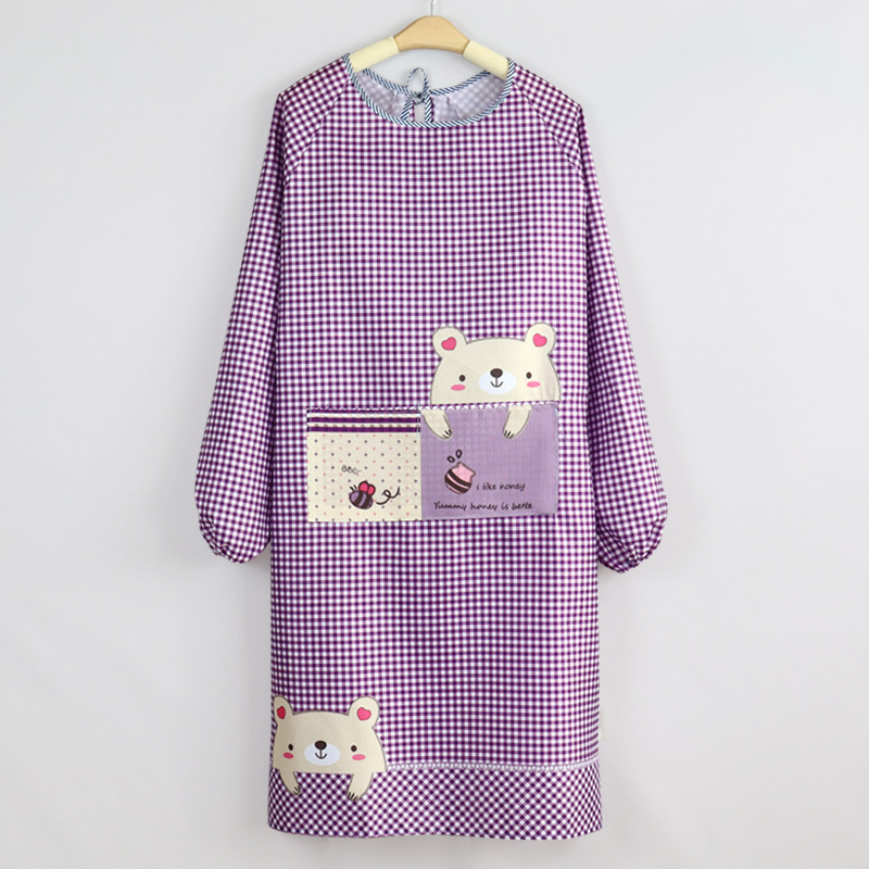 保育士 エプロン くまさんポケット付きギンガムチェック長袖スモック