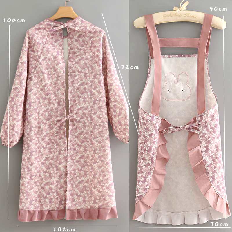 保育士 エプロン うさぎワンポイント花柄長袖エプロンセット