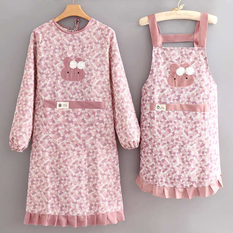 保育士 エプロン うさぎワンポイント花柄長袖エプロンセット