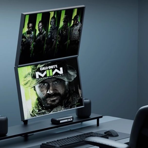 モニターアーム 上下配置型縦並び　二画面　昇降式支柱型スタンド