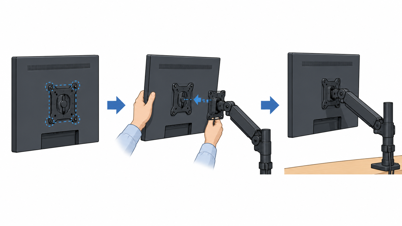 モニターをアームに取り付ける様子