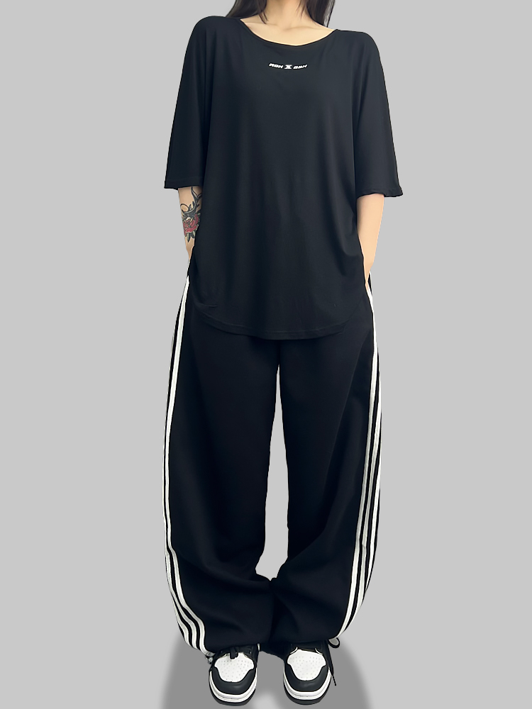 スポーツパンツ サイドライン ワイドシルエット ロングパンツ