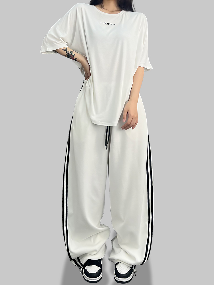 スポーツパンツ サイドライン ワイドシルエット ロングパンツ