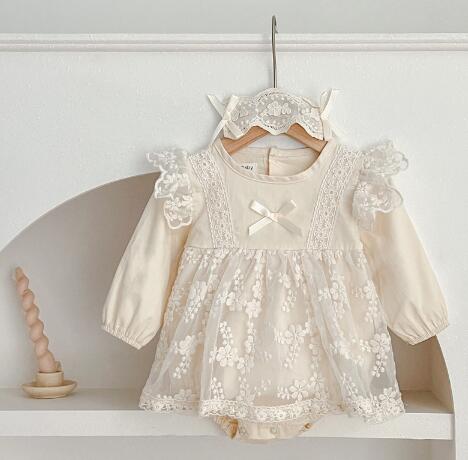 ベビードレス 新生児レースロンパースドレス カチューシャセット