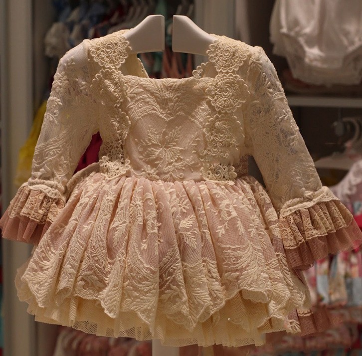 春の花柄レース ベビードレス プリンセス風 長袖 女の子用