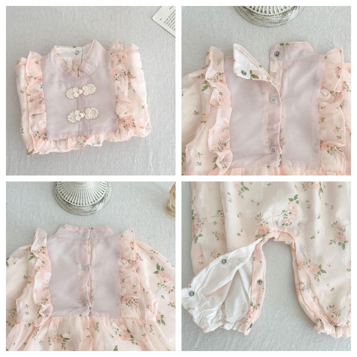 ベビードレス 花柄刺繍ベビーチャイナドレス風ロンパース