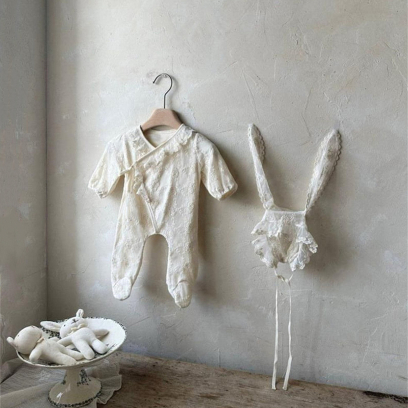 刺繍レース長袖ベビードレス女の子用可愛いロンパース お宮参り