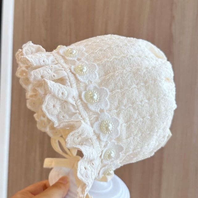 ベビードレス 花珠レースのお姫様ボンネット　退院 お宮参り　帽子