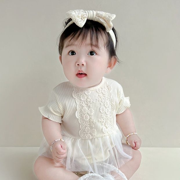 ベビードレス 花レース×チュールが華やかな退院用ロンパース型ベビードレス 女の子 男の子 退院 お宮参り 60cm ~ 90cm