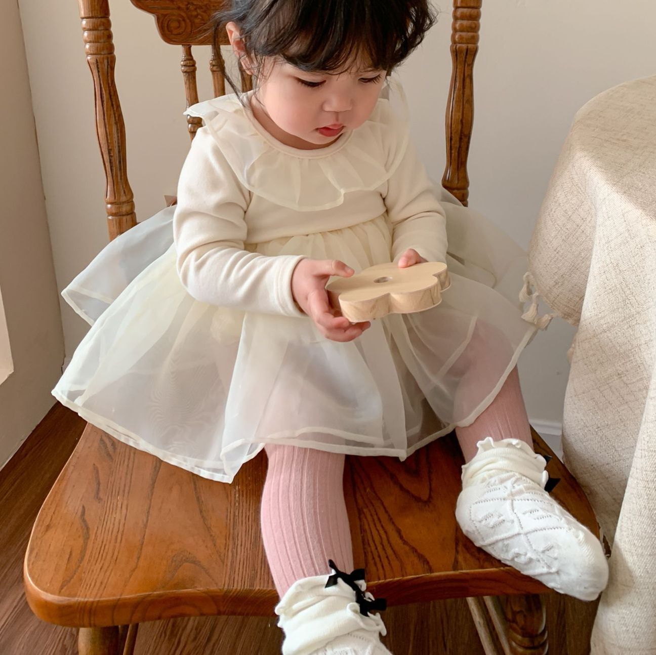 ベビードレス 胸元レース 秋冬 バースデーベビードレス 女の子 バースデー 七五三 60~100cm