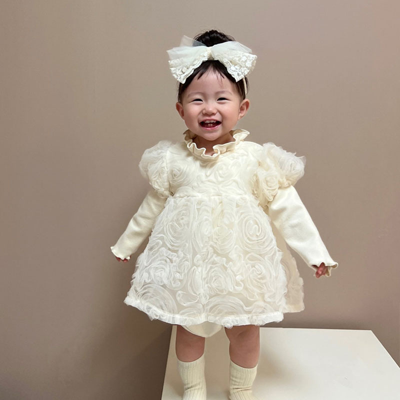 薔薇柄レースベビードレス 帽子付き 女の子 長袖
