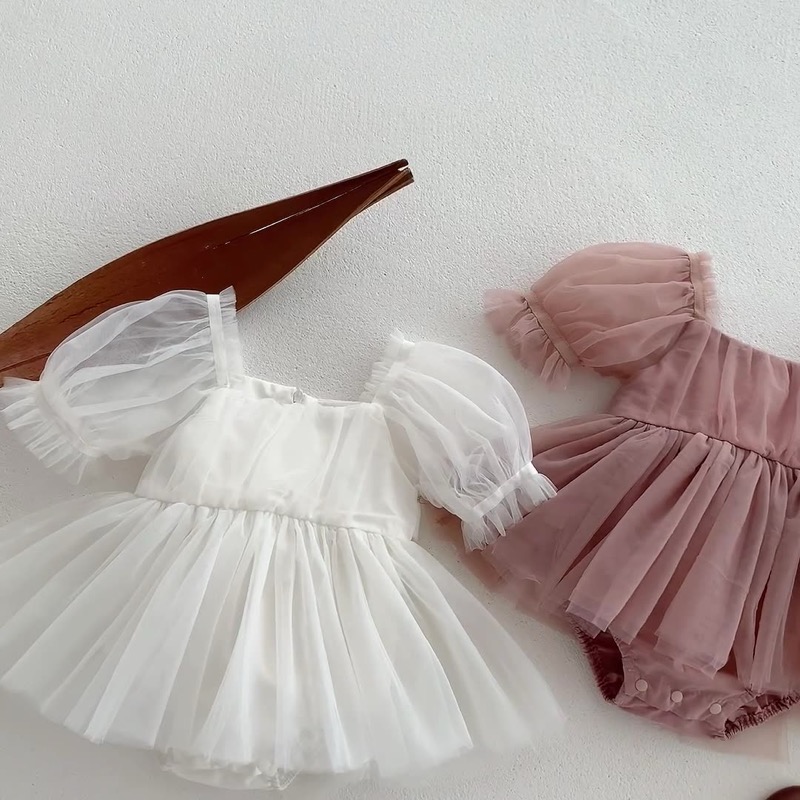 ベビードレス 女の子用チュールレースロンパースドレス