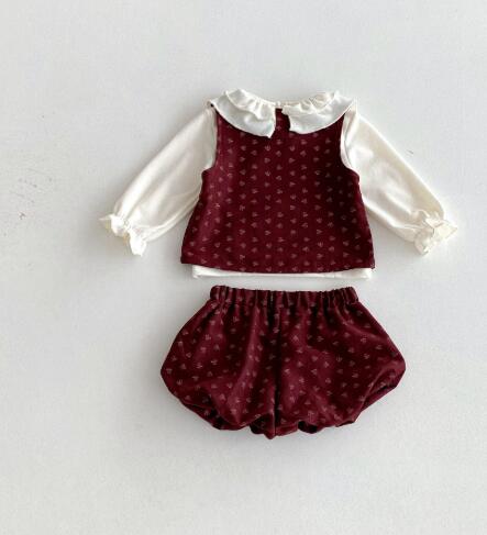 新作ベビードレス3点セット フリル襟ブラウス ジャンパースカート ブルマ 結婚式