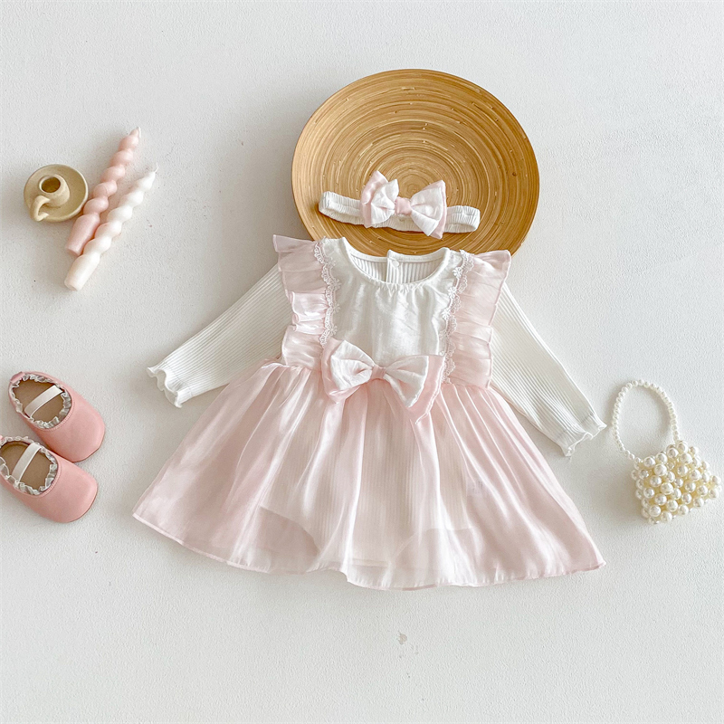 春新作 女の子用 リブ切り替え チュール ベビードレス 結婚式