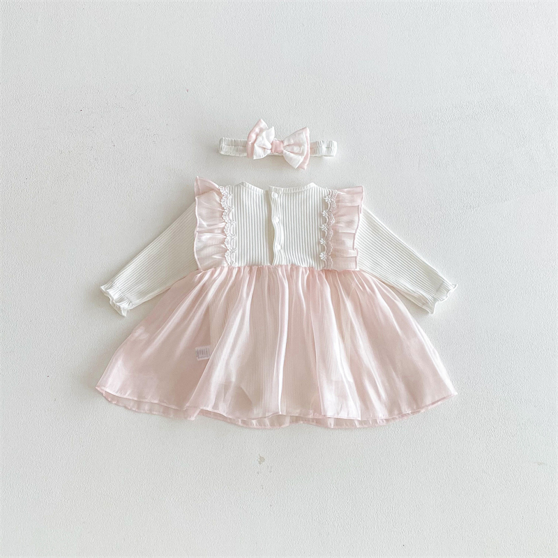 春新作 女の子用 リブ切り替え チュール ベビードレス 結婚式