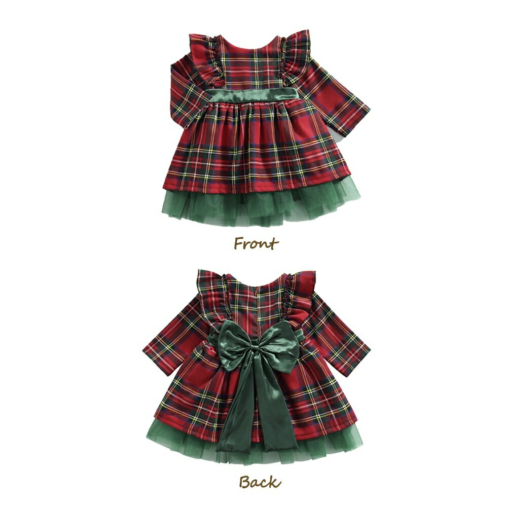 クリスマス女の子チェック柄ベビードレス長袖リボン付き