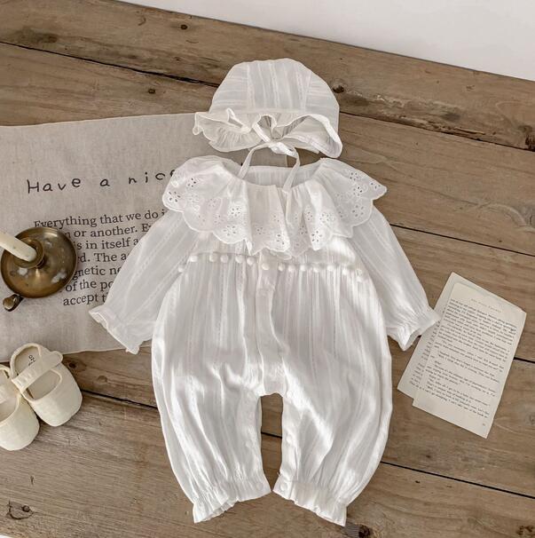 上品レース襟付き連体服 白いベビードレス帽子セット お宮参り